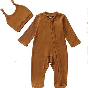 New Brown Baby Romper With Hat.